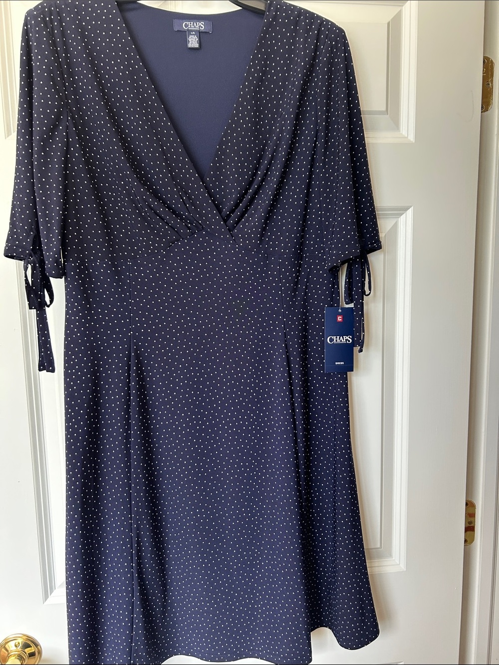 Chaps Navy with White Polka Dots Wrap-Style Dress